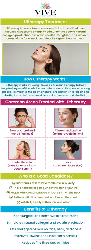 Ultherapy is a non-invasive cosmetic procedure that uses focused ultrasound to stimulate collagen production, resulting in skin tightening and lifting. It is often used to reduce the appearance of wrinkles and improve the overall texture of the skin, particularly on the face and neck. Talk to Rafael Olartecoechea and his team of healthcare professionals at Vive Ageless Weight Loss Centers to learn about Ultherapy and its benefits. Our clinics are located at two locations in Coral Gables, FL, and Pinecrest, FL. You can contact us or book an online appointment for both locations.