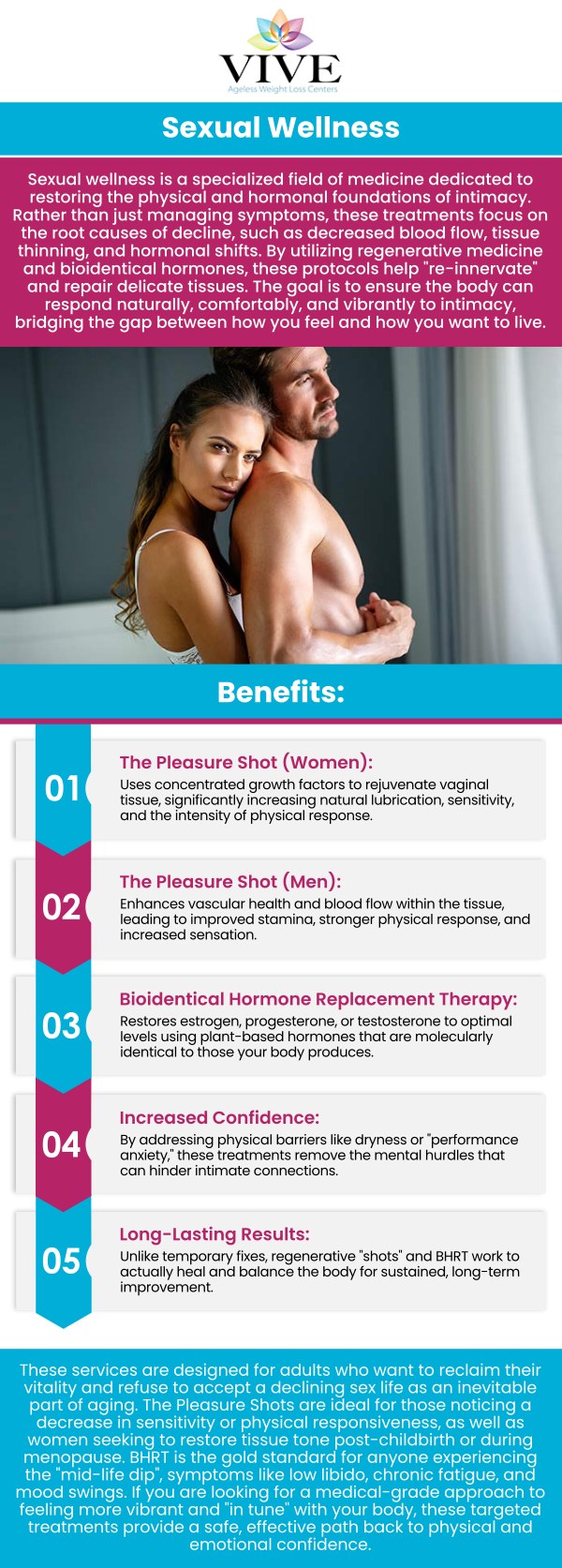Our team at Vive Ageless Weight Loss Center provides personalized guidance for individuals considering PT-141 peptide support for sexual wellness and libido goals. We take a personalized approach by reviewing each patient’s health history, wellness concerns, and individual objectives. Our team offers education and ongoing support to help patients understand available peptide options while focusing on overall wellness and personalized care goals. For more information, contact us today or book an appointment online. We are conveniently located at 9655 South Dixie Highway #119 Pinecrest, FL 33156. Our team at Vive Ageless Weight Loss Center provides personalized guidance for individuals considering PT-141 peptide support for sexual wellness and libido goals. We take a personalized approach by reviewing each patient’s health history, wellness concerns, and individual objectives. Our team offers education and ongoing support to help patients understand available peptide options while focusing on overall wellness and personalized care goals. For more information, contact us today or book an appointment online. We are conveniently located at 9655 South Dixie Highway #119 Pinecrest, FL 33156.