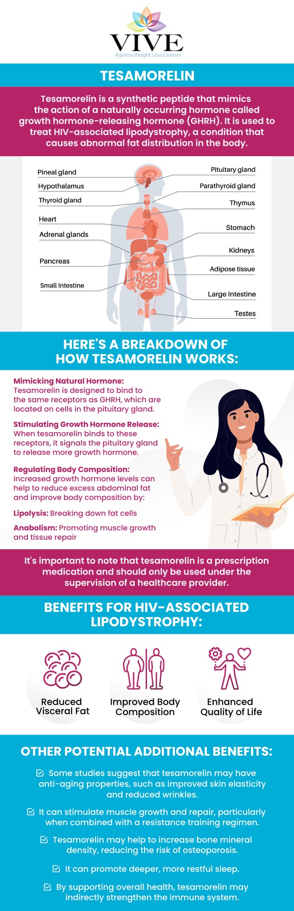 Our team at Vive Ageless Weight Loss Center provides provides personalized guidance for individuals exploring Tesamorelin Therapy as part of an approach to reducing visceral fat and supporting metabolic wellness. We consider each patient’s health history, body composition goals, and individual needs when determining whether this therapy may be appropriate. Our team also provides ongoing support to help patients work toward healthier body composition and long-term wellness goals. For more information contact us today or book an appointment online. We are conveniently located at 9655 South Dixie Highway #119 Pinecrest, FL 33156. Our team at Vive Ageless Weight Loss Center provides provides personalized guidance for individuals exploring Tesamorelin Therapy as part of an approach to reducing visceral fat and supporting metabolic wellness. We consider each patient’s health history, body composition goals, and individual needs when determining whether this therapy may be appropriate. Our team also provides ongoing support to help patients work toward healthier body composition and long-term wellness goals. For more information contact us today or book an appointment online. We are conveniently located at 9655 South Dixie Highway #119 Pinecrest, FL 33156.
